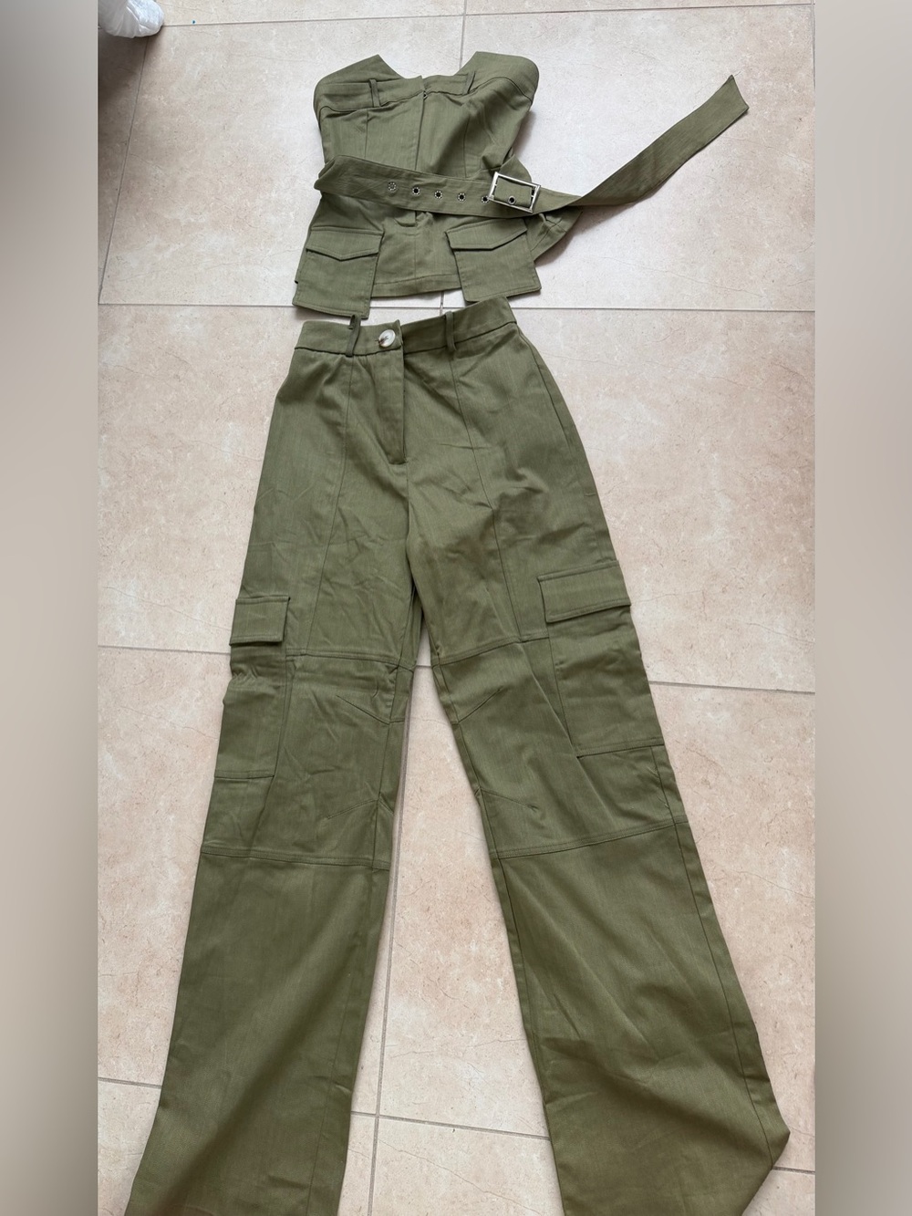 Olive Cargo Wide-Leg Pants & Corset Top Set